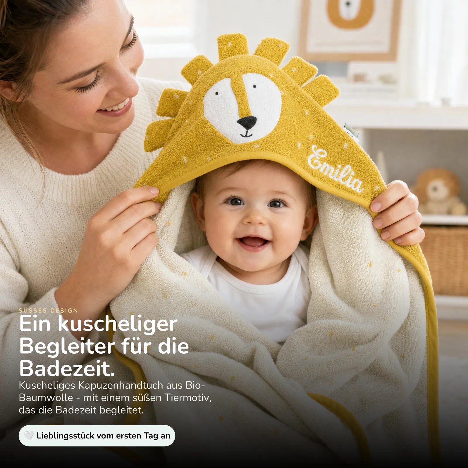 Trixie Kapuzenhandtuch Baby Löwe, aus 100% Bio-Baumwolle, kuscheliger Frottee