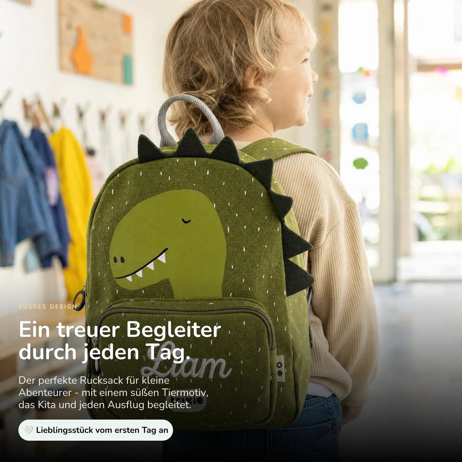 Trixie Kindergartenrucksack Dino, Name mit weißen Stickfäden bestickt