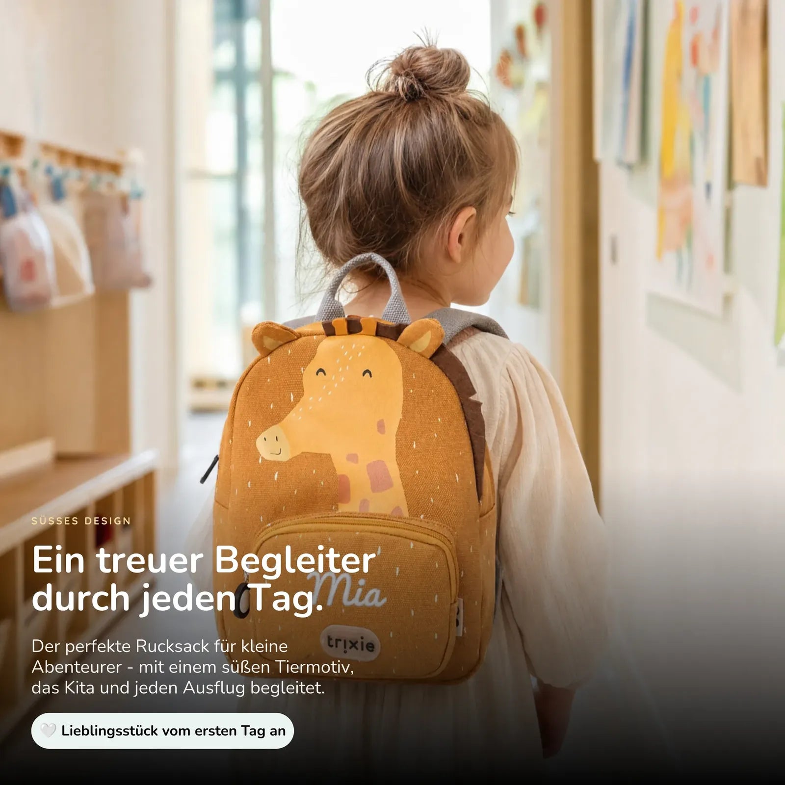 Trixie Kindergartenrucksack Giraffe, Name mit weißen Stickfäden bestickt