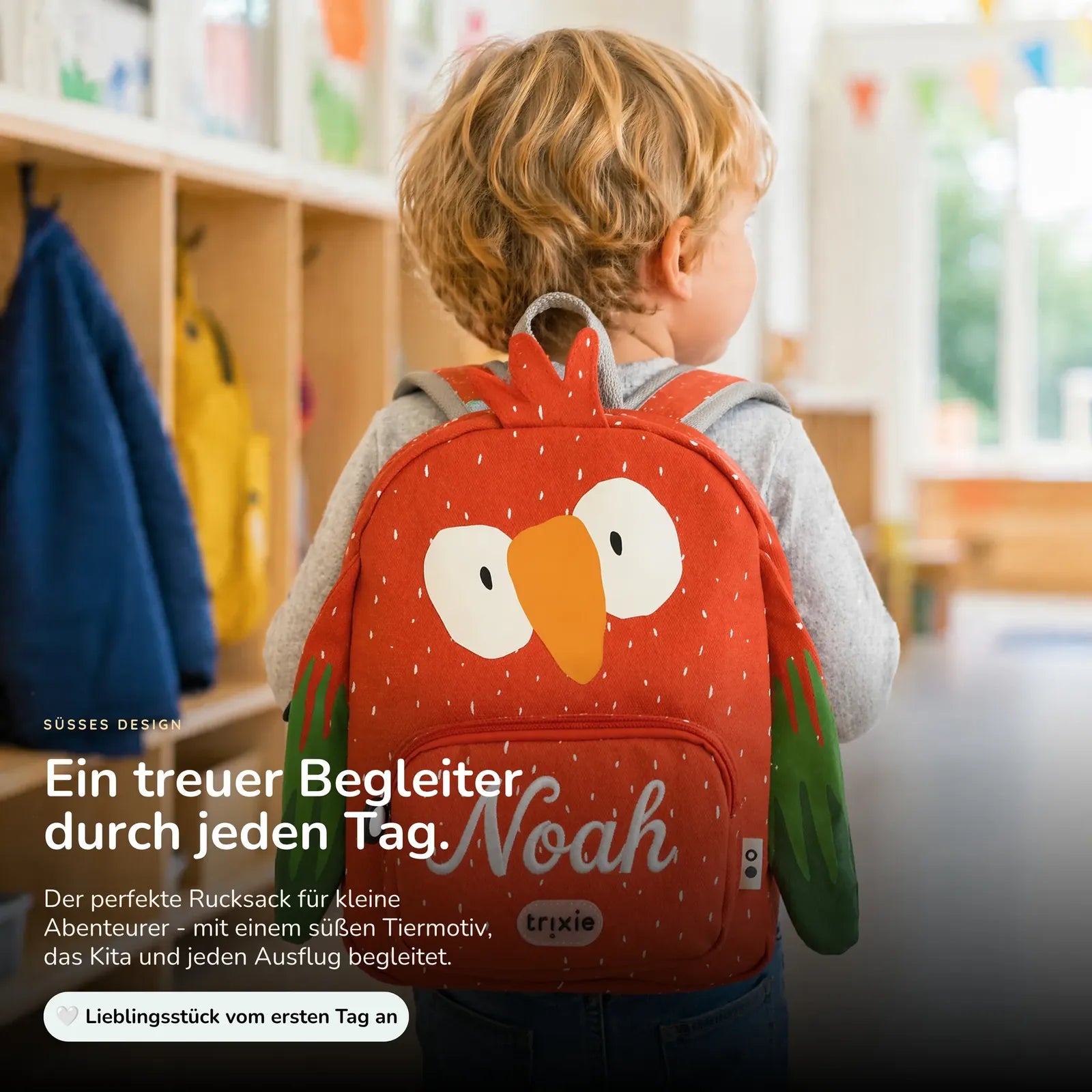Trixie Kindergartenrucksack Papagei, Name mit weißen Stickfäden bestickt
