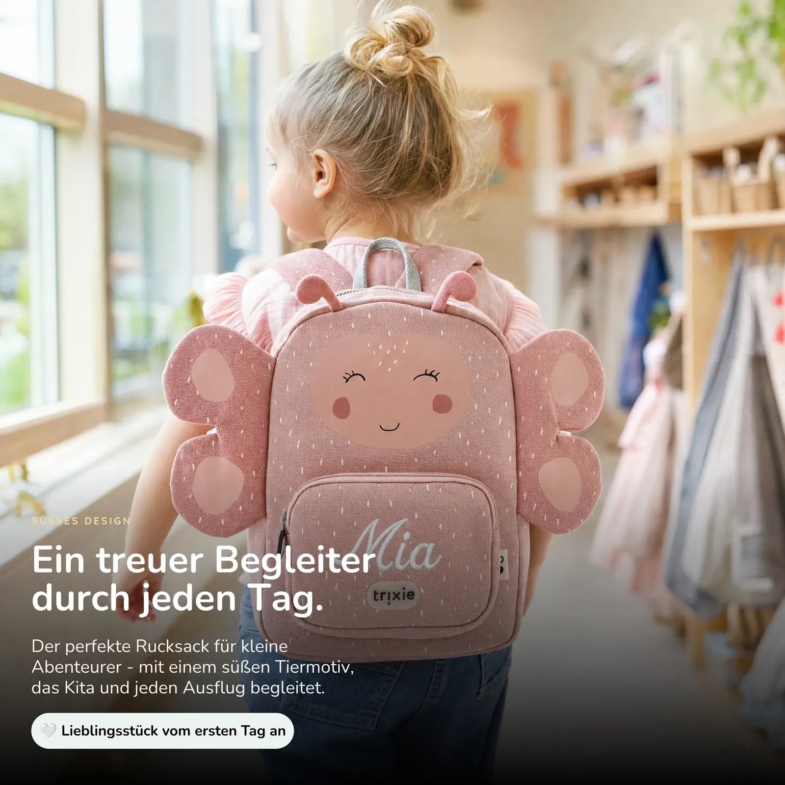 Trixie Kindergartenrucksack Schmetterling, Name mit weißen Stickfäden bestickt
