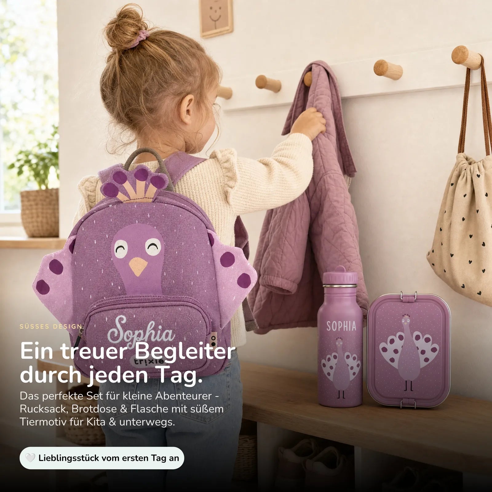 Trixie Kindergarten Set Pfau, ergonomischer Rucksack im Set mit Namen