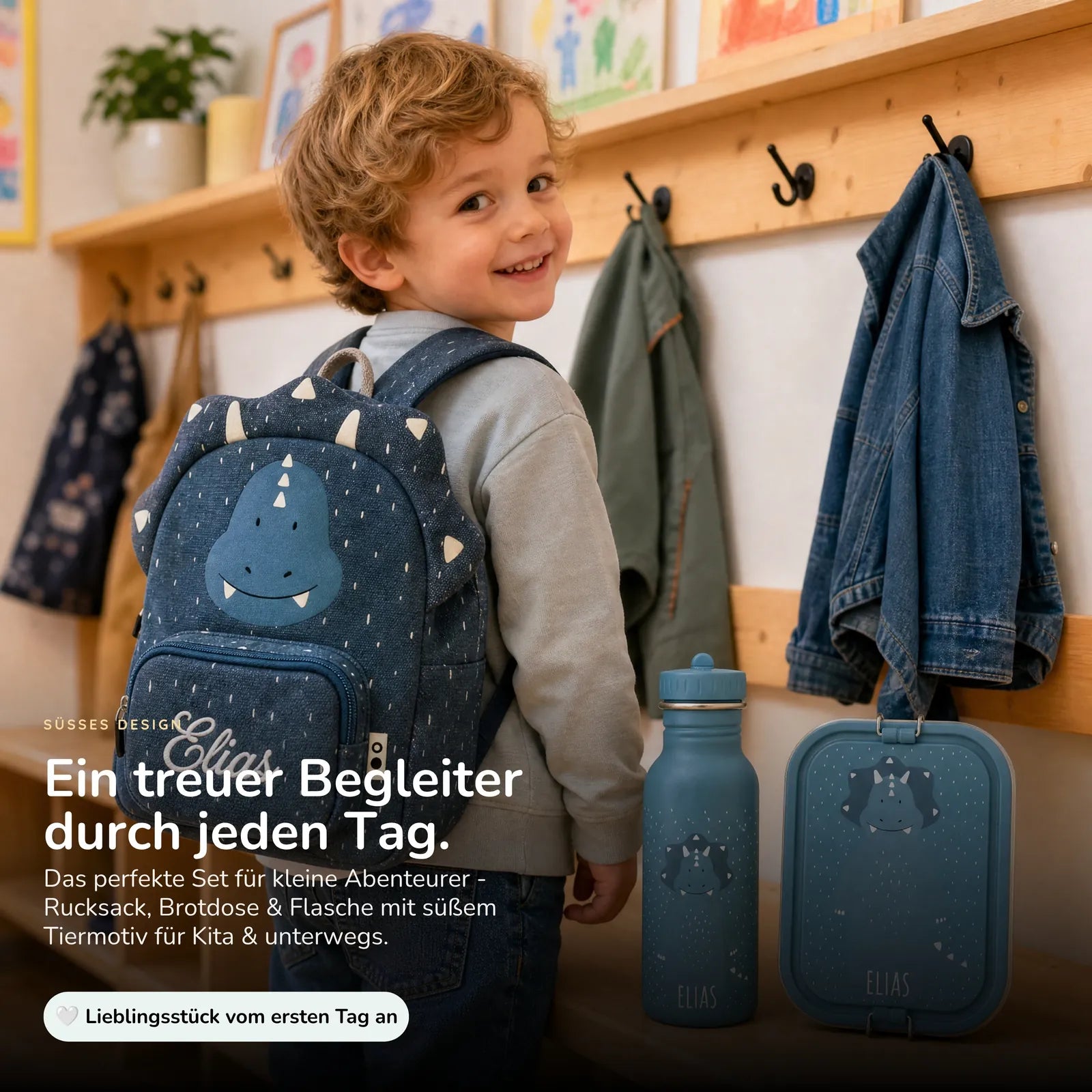 Trixie Kindergarten Set Triceratops, ergonomischer Rucksack im Set mit Namen