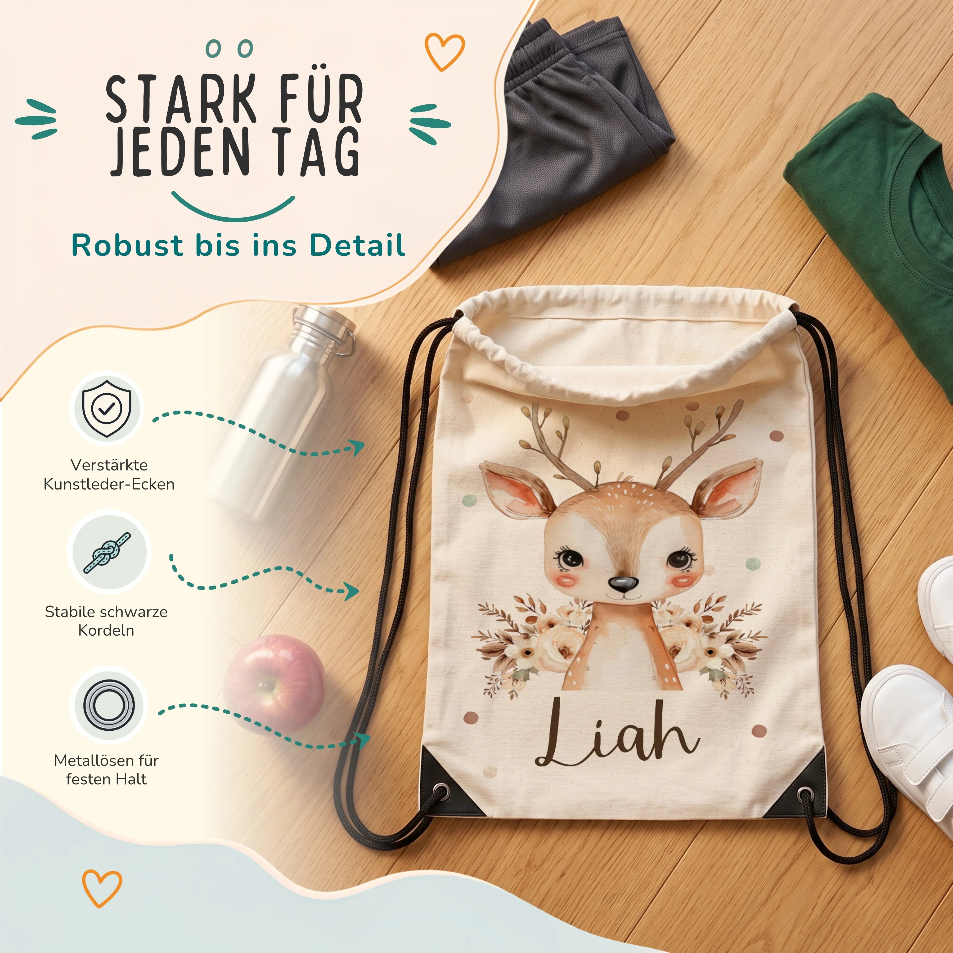 Personalisierter Turnbeutel Baby Reh, verstärkte Kunstleder-Ecken und Metallösen im Detail