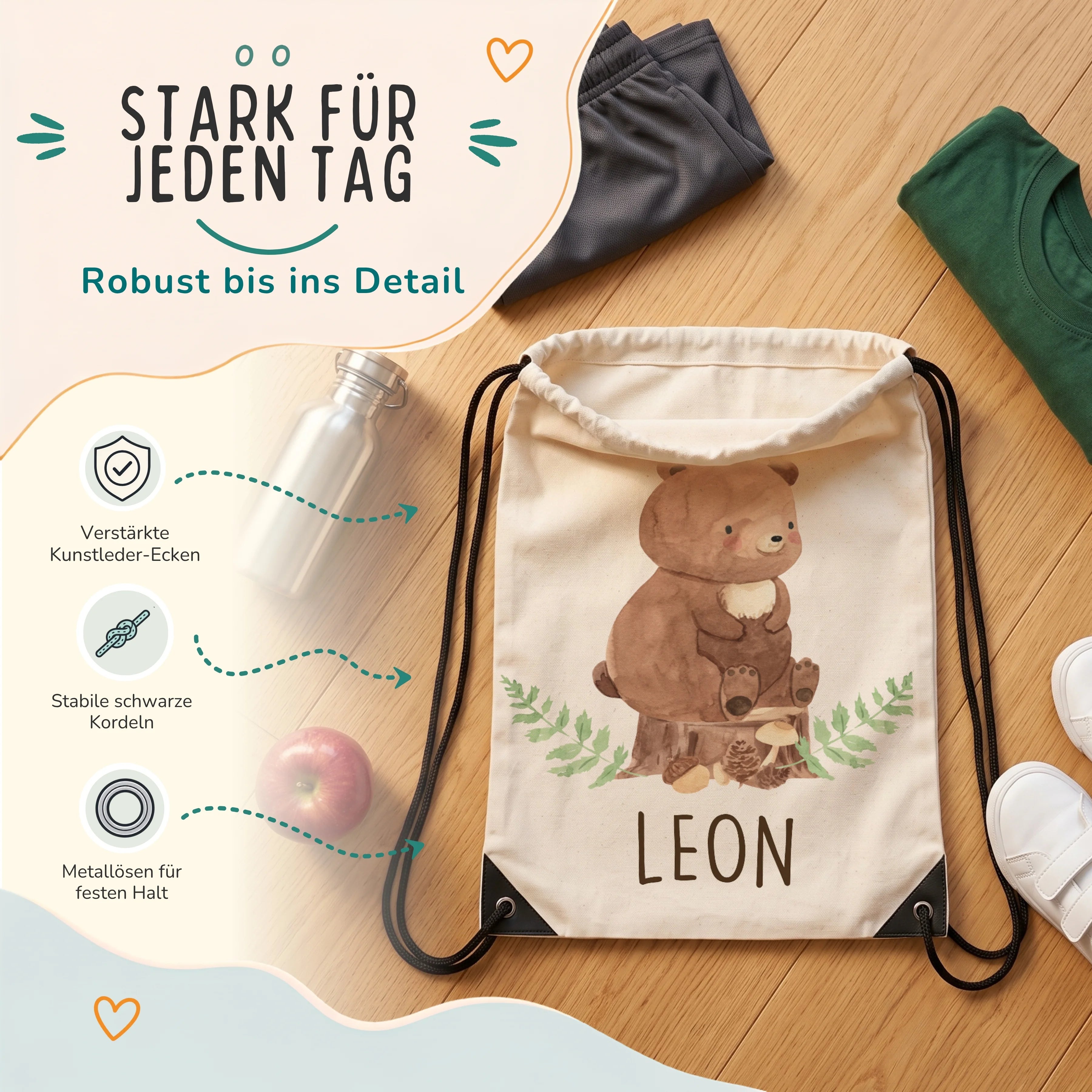 Personalisierter Turnbeutel BÀr, verstÀrkte Kunstleder-Ecken und Metallösen im Detail
