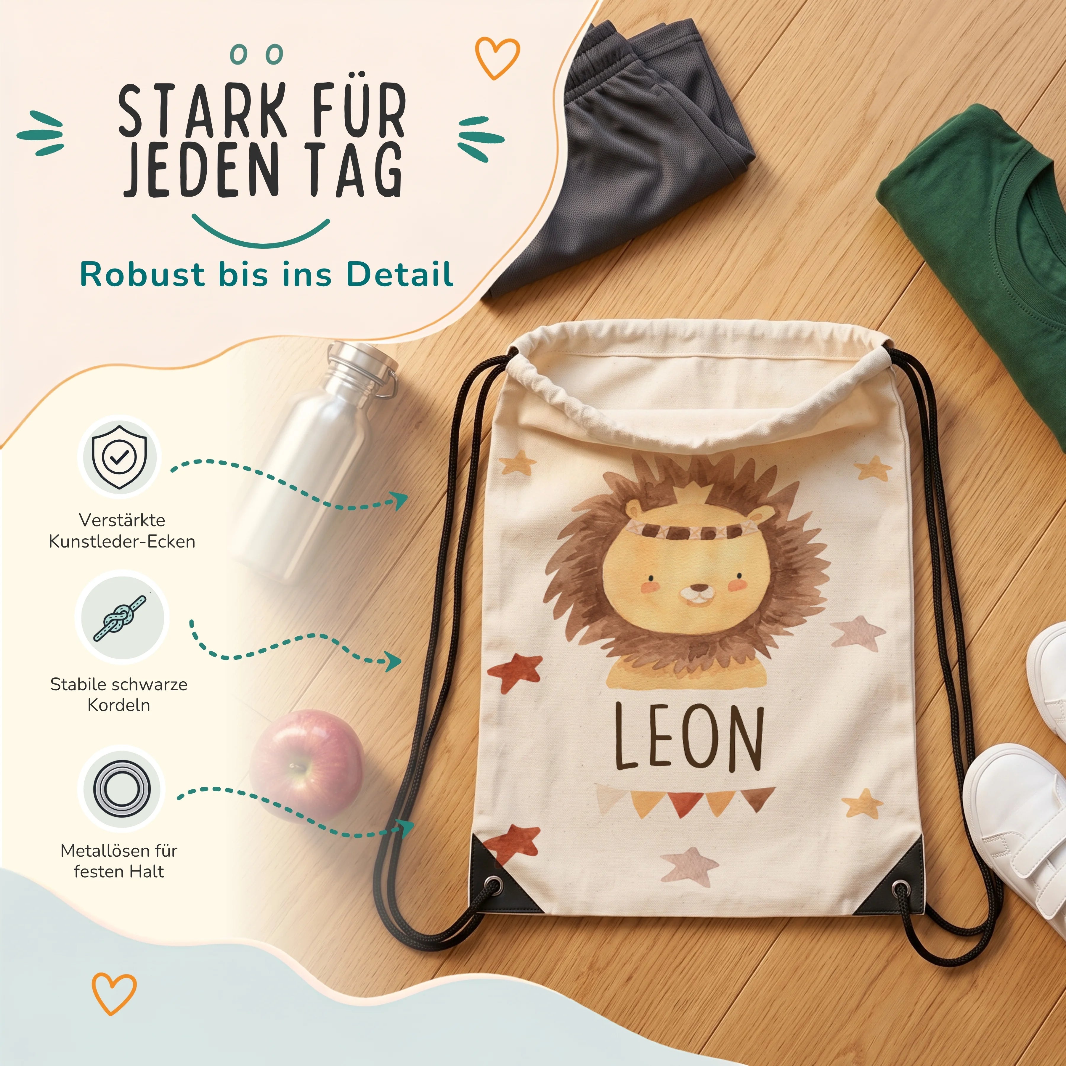 Personalisierter Turnbeutel Löwe mit Kranz, verstÀrkte Kunstleder-Ecken und Metallösen im Detail