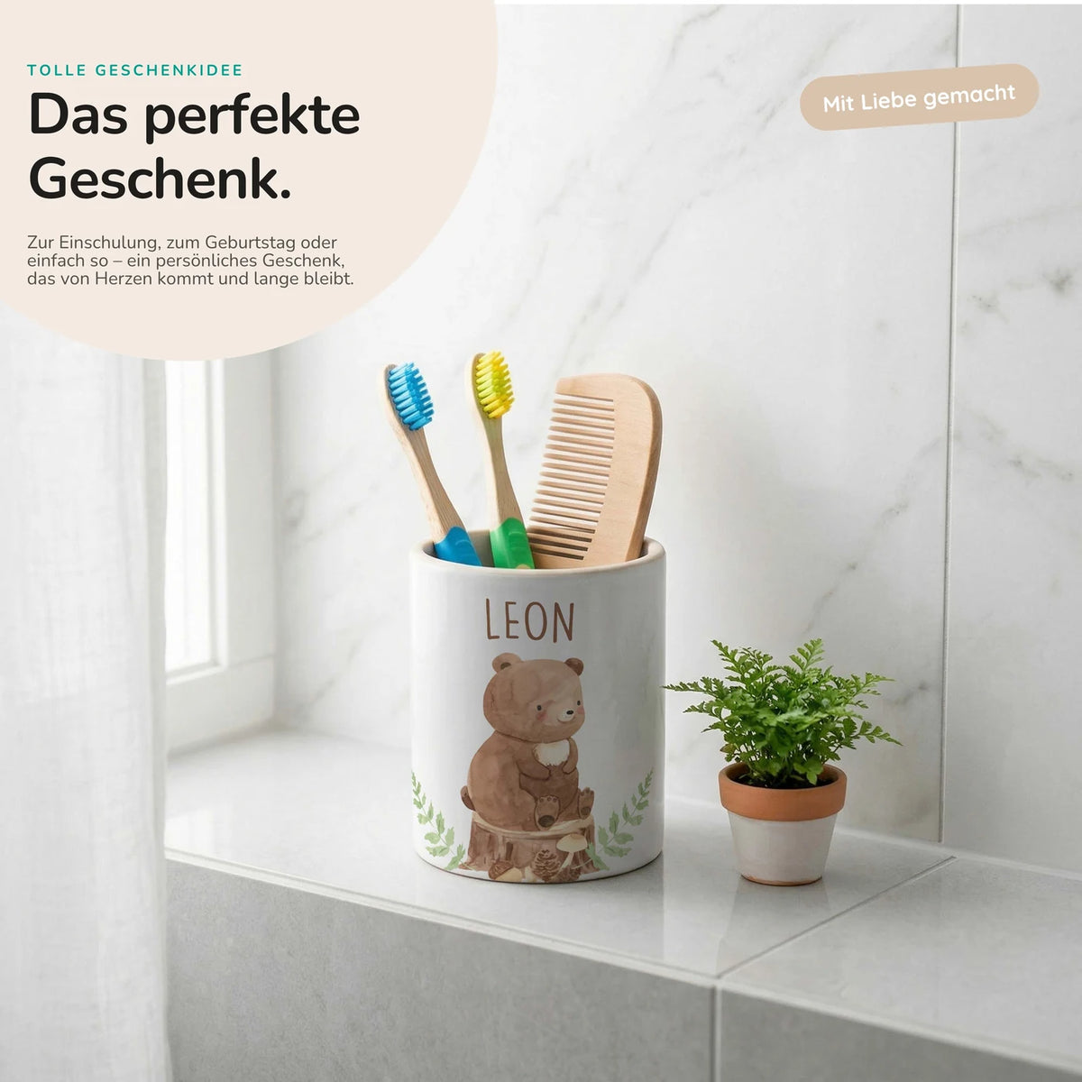 Personalisierter Stiftehalter BĂ€r Wald â Keramik mit Wunschname