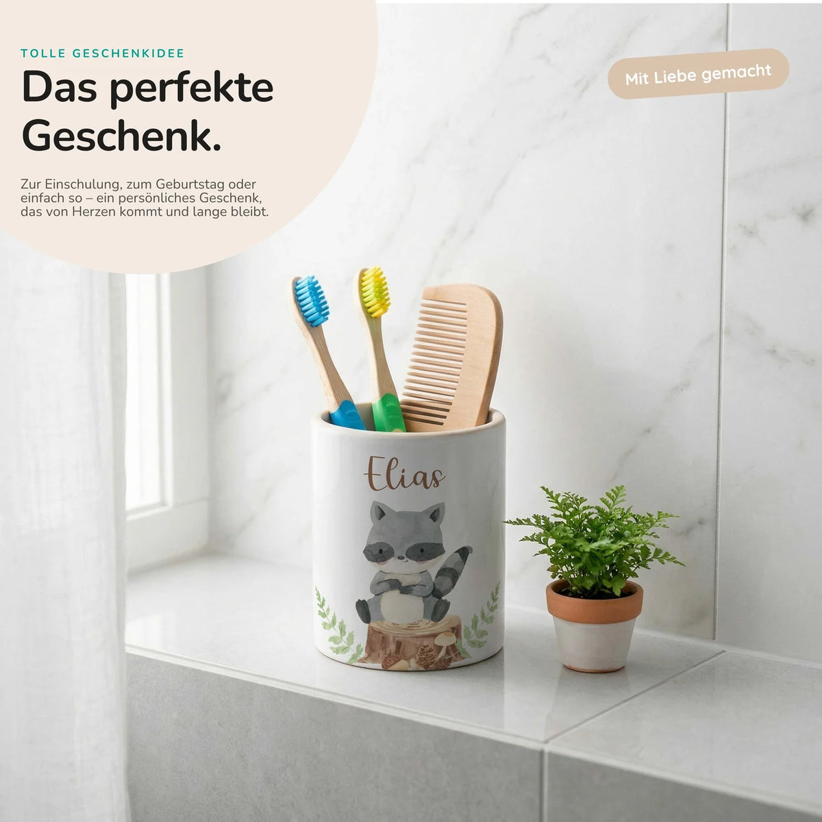 Personalisierter Stiftehalter WaschbĂ€r Wald â Keramik mit Wunschname