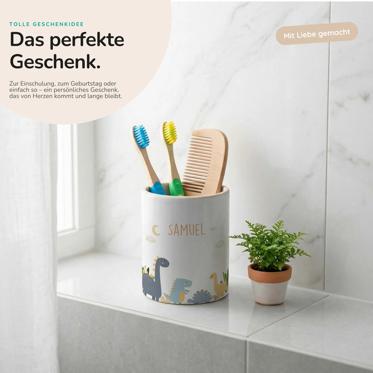 Personalisierter Stiftehalter Dinosaurier Mond – Keramik mit Wunschname