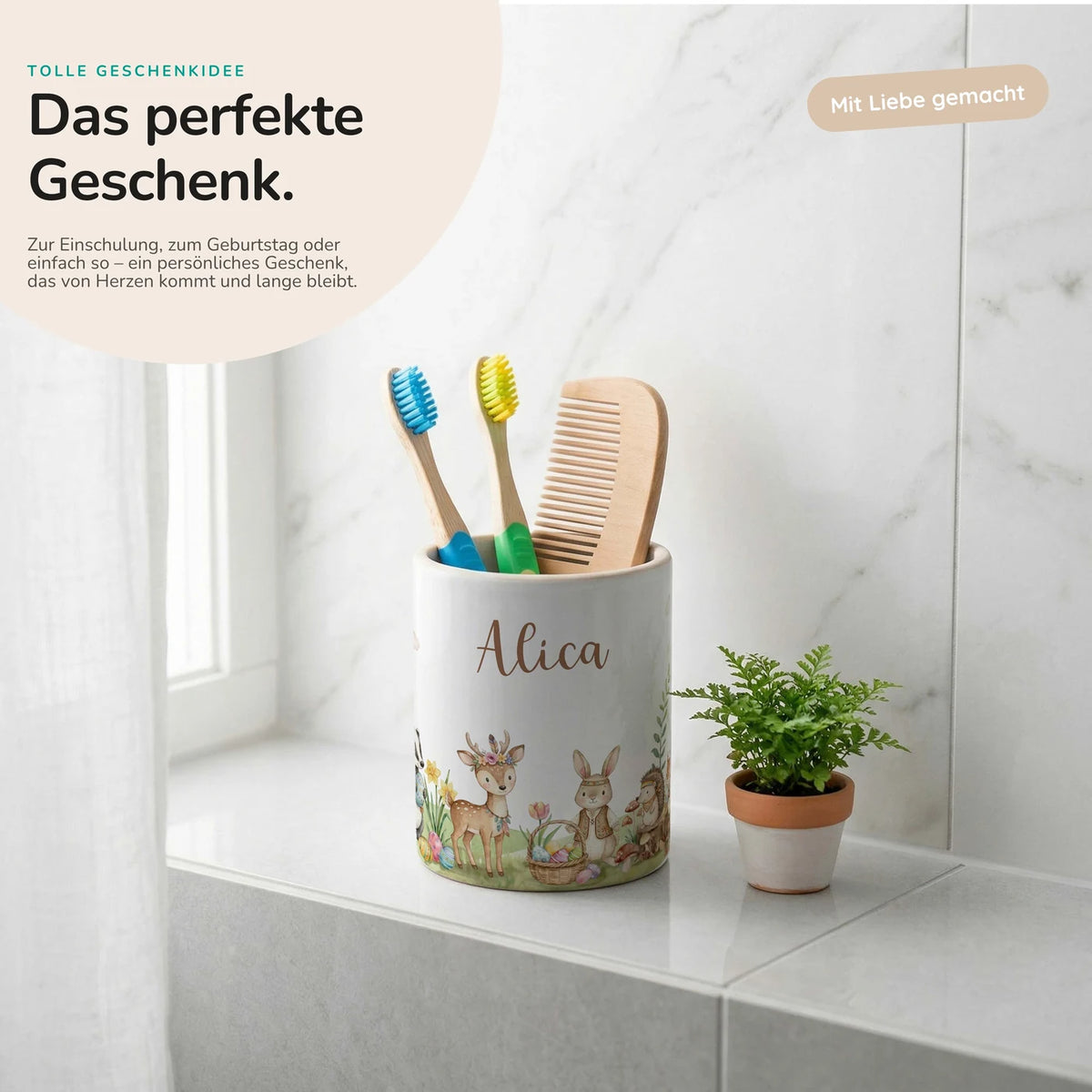 Personalisierter Stiftehalter Ostern Waldtiere-Treff â mit Wunschname