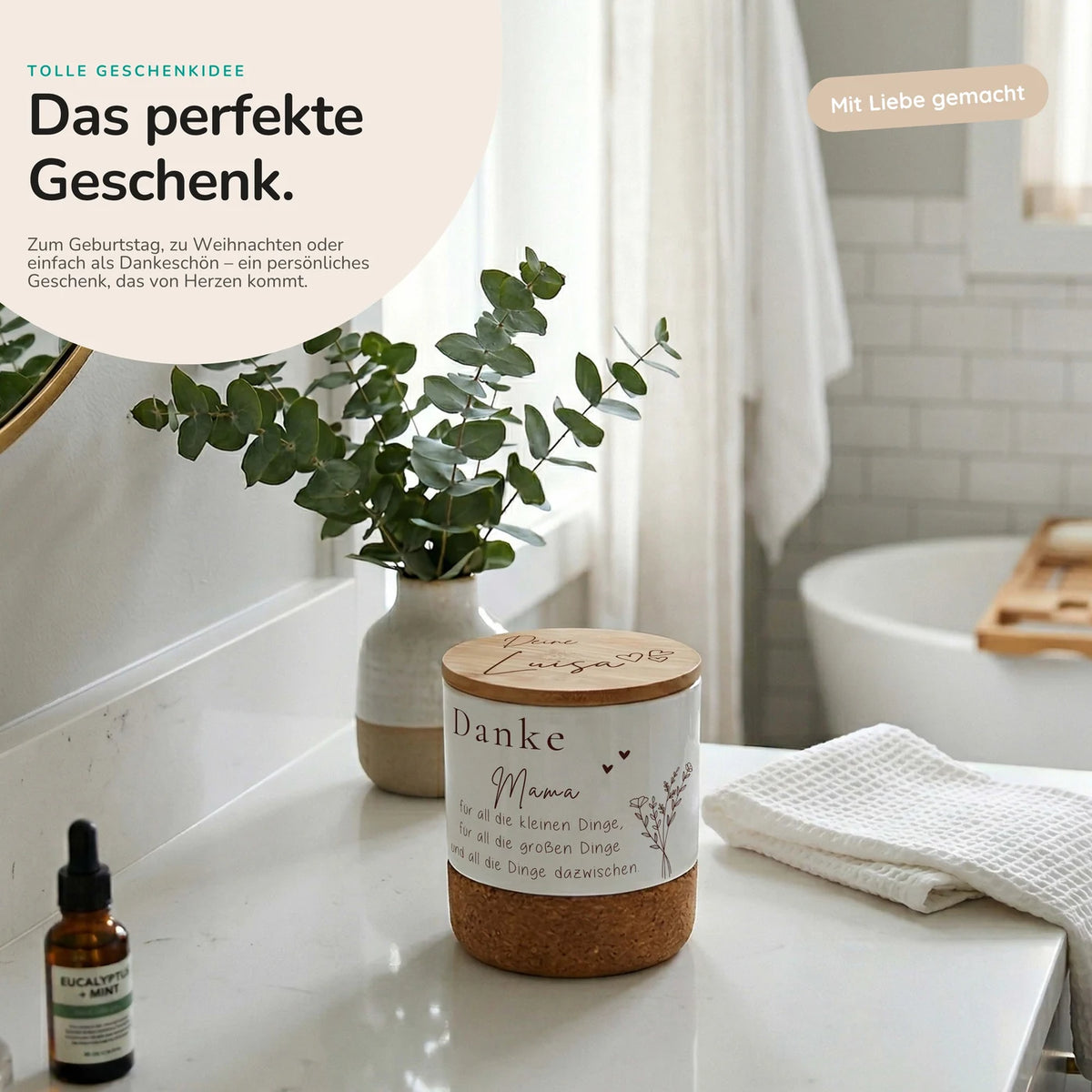 Duftkerze Vanille Keramik â Danke Mama Blumenzweig mit Wunschname