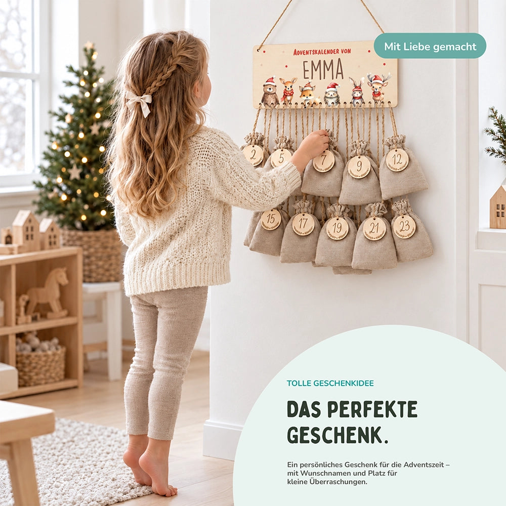 Personalisierbarer Adventskalender farbig - Winterliche Tierfamilie