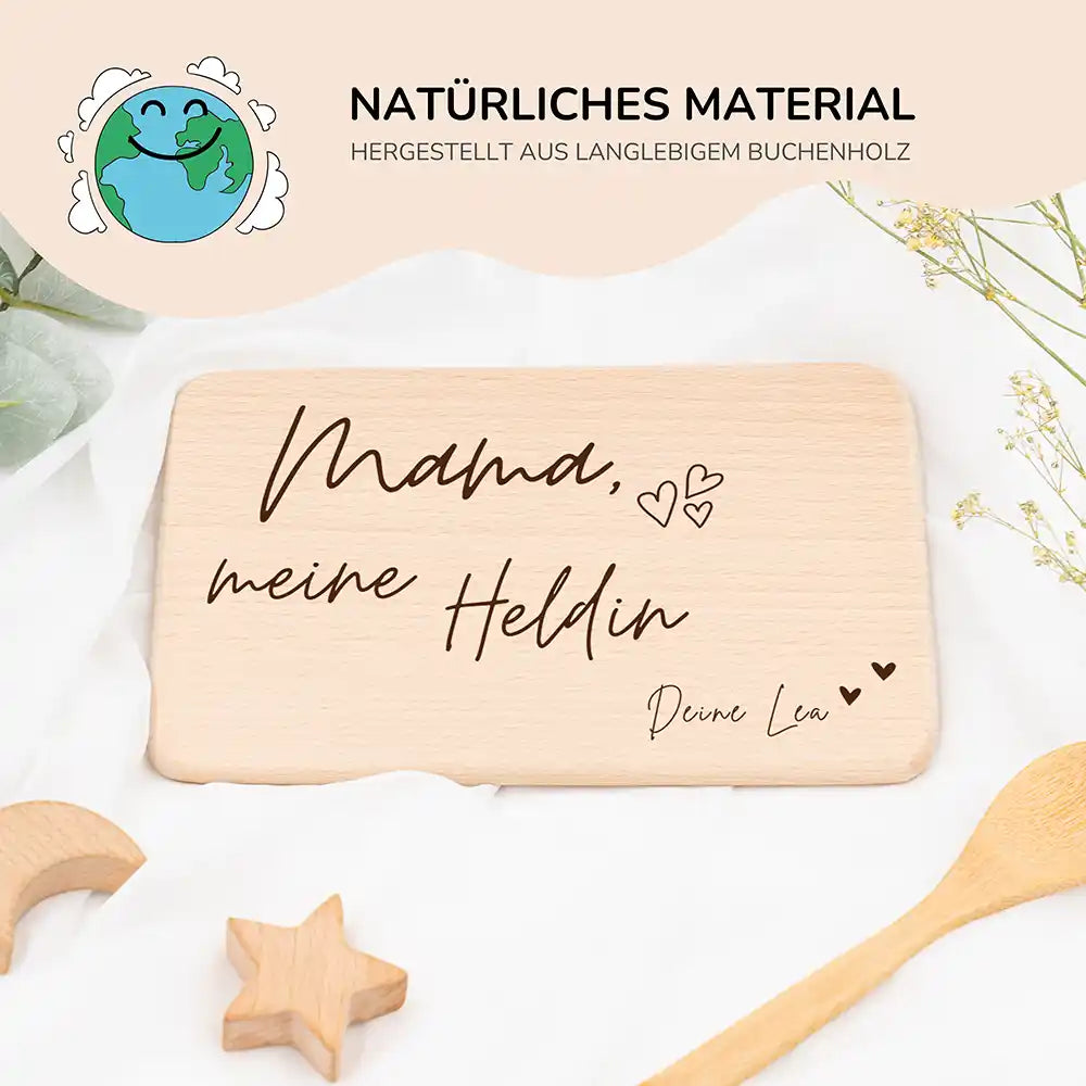 FrĂĽhstĂĽcksbrettchen Holz Mama meine Heldin aus Holz mit Gravur - Geschenk Muttertag