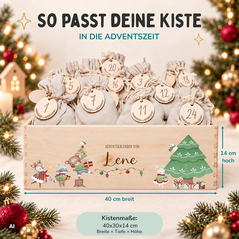 Adventskalender zum Befüllen "Tiere und Weihnachtsbaum" personalisiert