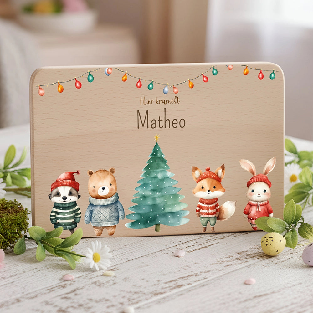 Frühstücksbrettchen Weihnachten mit Tieren und Lichterkette - Geschenk Weihnachten