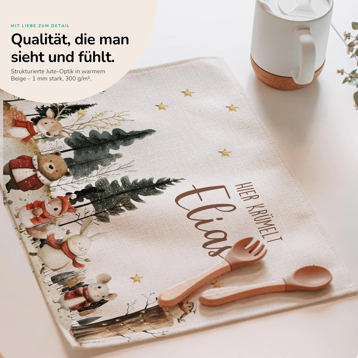 Tischset Kinder personalisiert Weihnachtsmotiv - Festliche Tierchen im Schnee