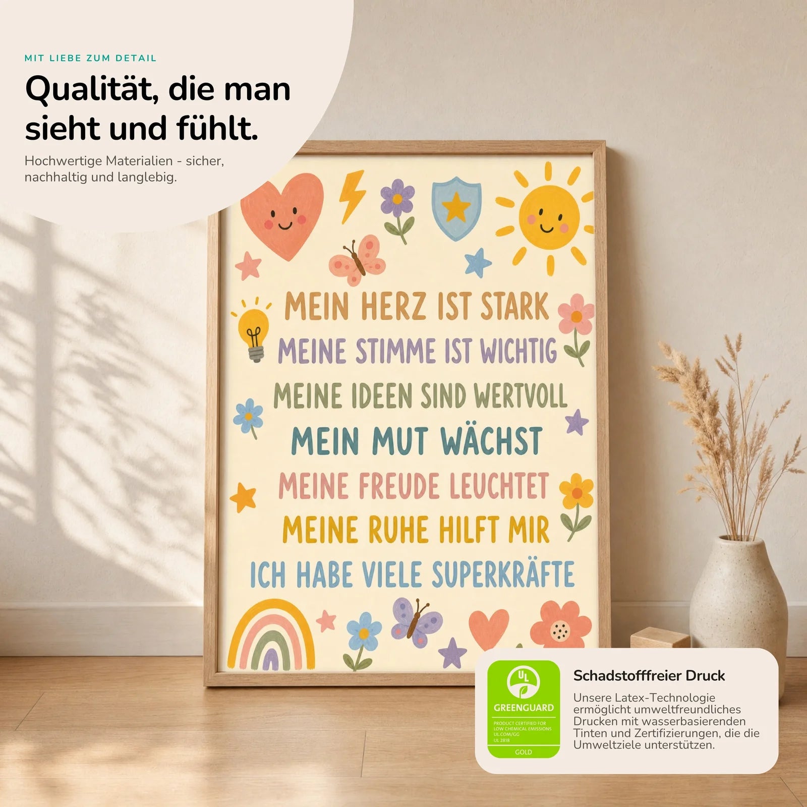 Affirmationsposter Kinderzimmer Blumenwiese SuperkrÀfte, Nahaufnahme der Affirmationen