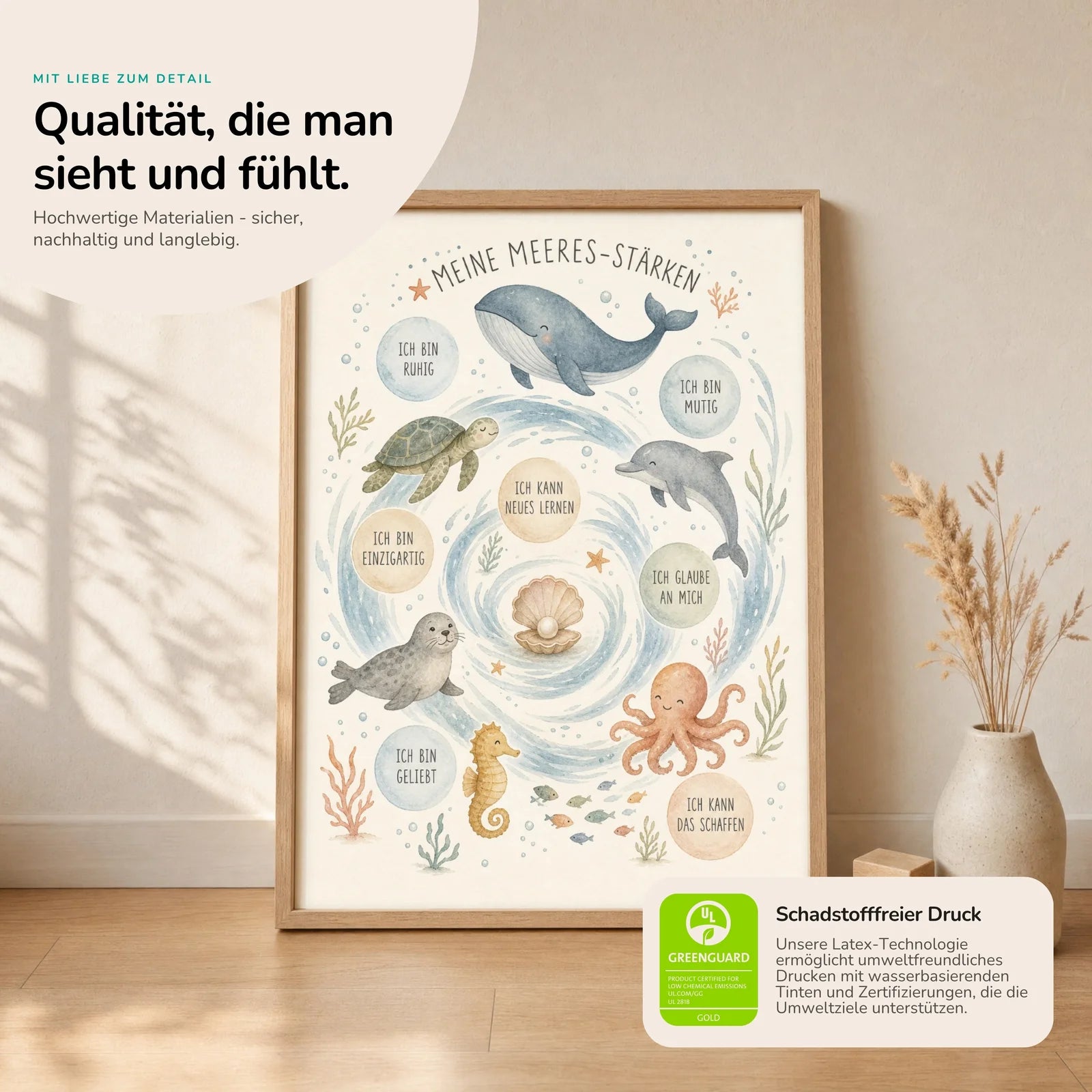 Affirmationsposter Kinderzimmer Meeres-StÀrken, Nahaufnahme der Affirmationen