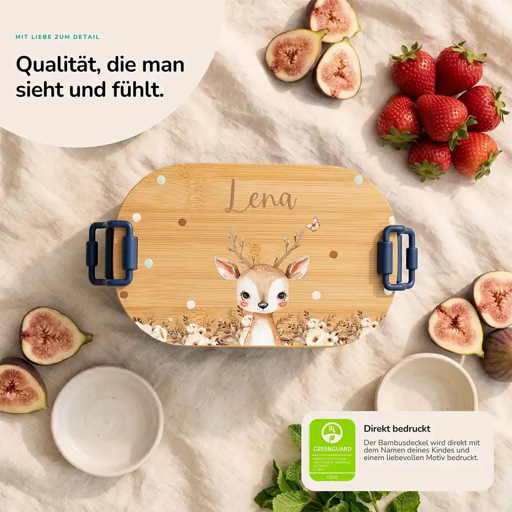 Brotdose Kinder personalisiert Rehkitz Boho, Bambusdeckel direkt bedruckt mit Wunschname