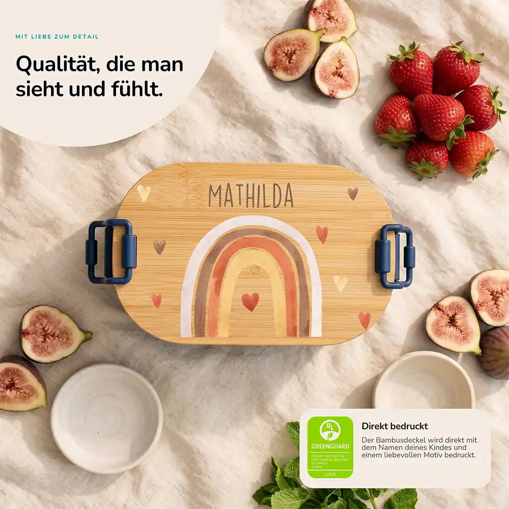 Brotdose Kinder personalisiert Boho Regenbogen, Bambusdeckel direkt bedruckt mit Wunschname