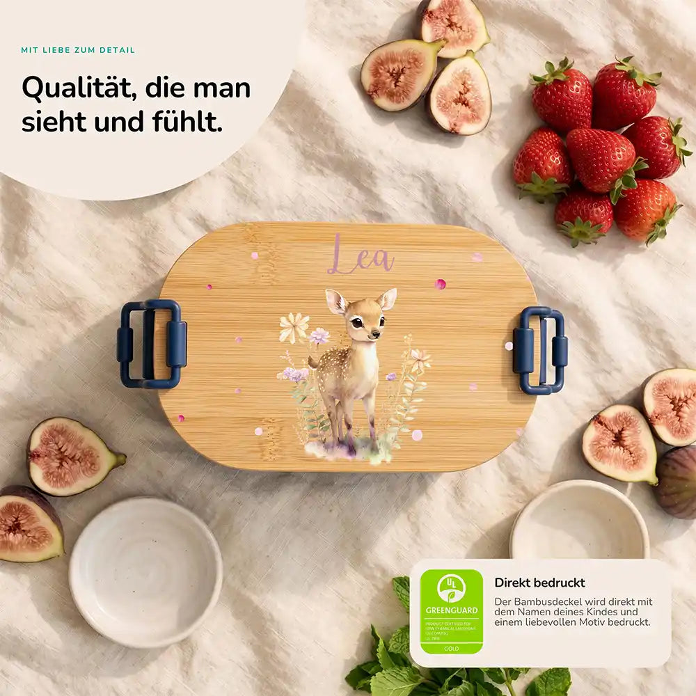 Brotdose Kinder personalisiert Rehkitz mit Blumen, Bambusdeckel direkt bedruckt mit Wunschname