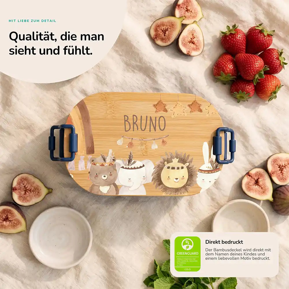 Brotdose Kinder personalisiert Safari Boho, Bambusdeckel direkt bedruckt mit Wunschname