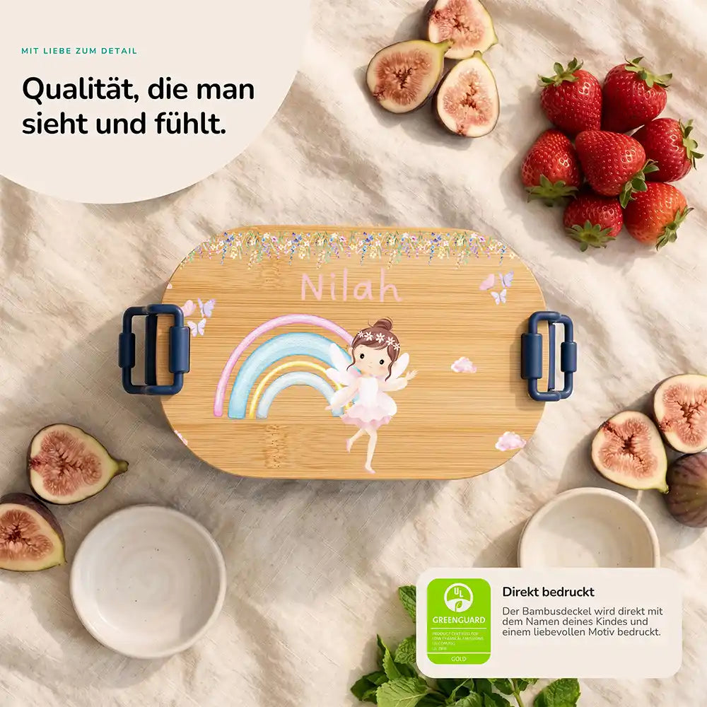 Brotdose Kinder personalisiert Ballerina Regenbogen, Bambusdeckel direkt bedruckt mit Wunschname