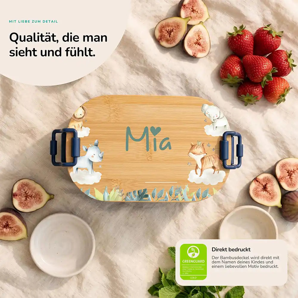 Brotdose Kinder personalisiert Safari Tiere, Bambusdeckel direkt bedruckt mit Wunschname