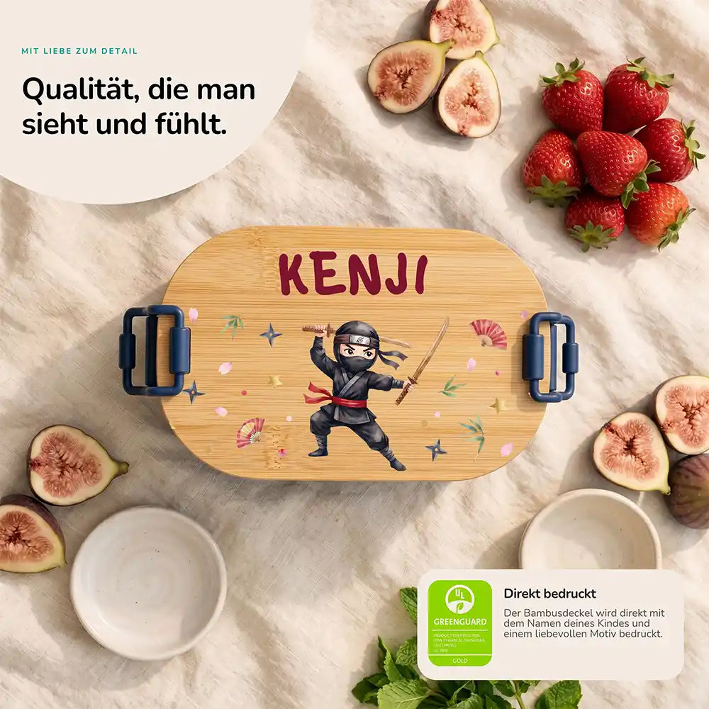 Brotdose Kinder personalisiert Ninja, Bambusdeckel direkt bedruckt mit Wunschname
