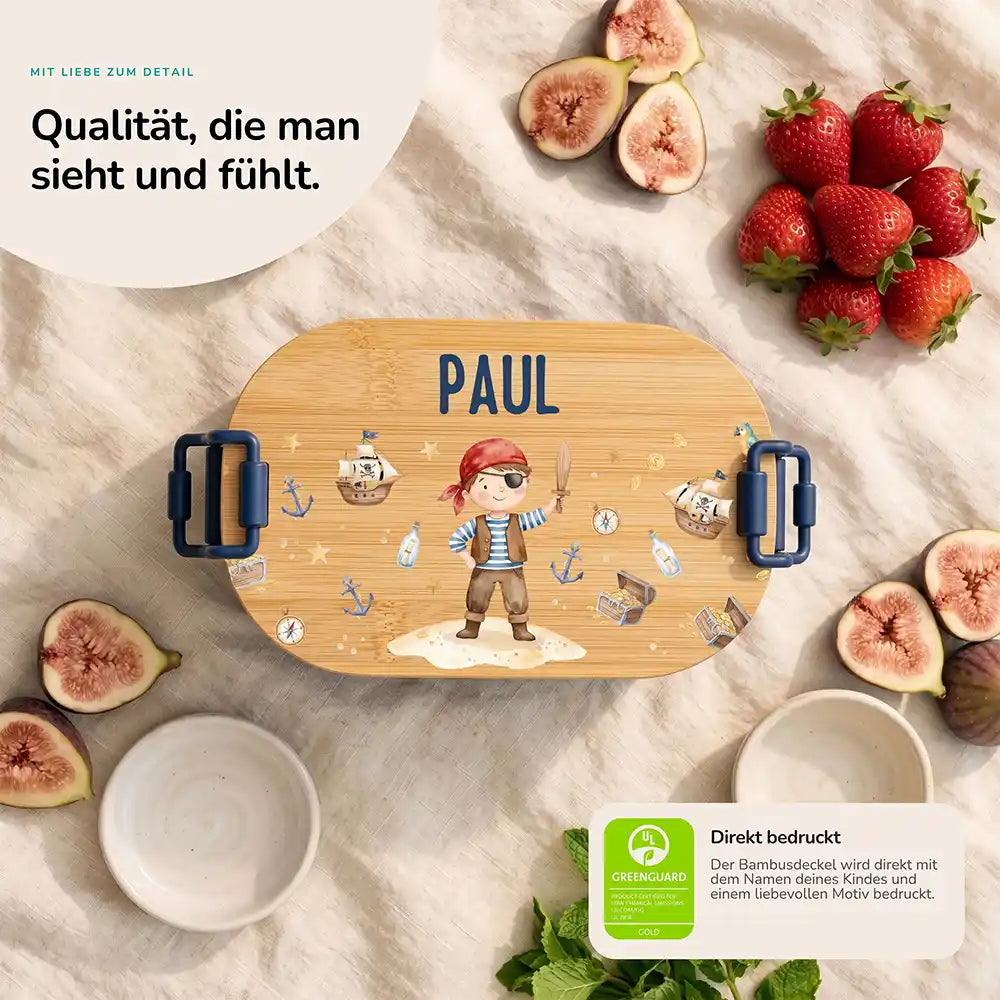 Brotdose Kinder personalisiert Pirat, Bambusdeckel direkt bedruckt mit Wunschname