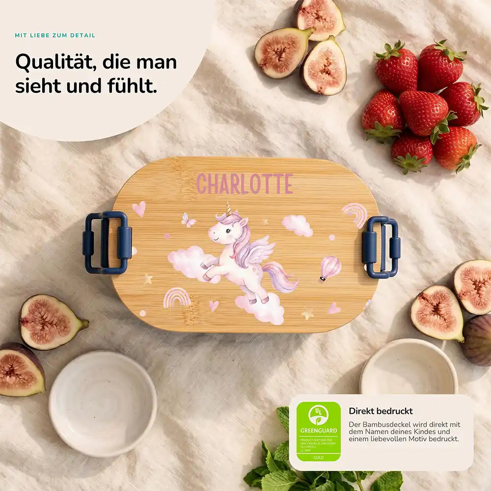 Brotdose Kinder personalisiert Einhorn Wolken, Bambusdeckel direkt bedruckt mit Wunschname