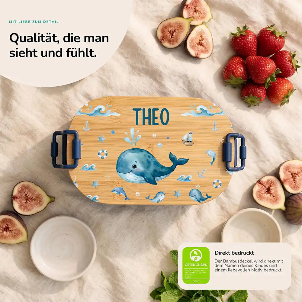 Brotdose Kinder personalisiert Wal und Delfin, Bambusdeckel direkt bedruckt mit Wunschname