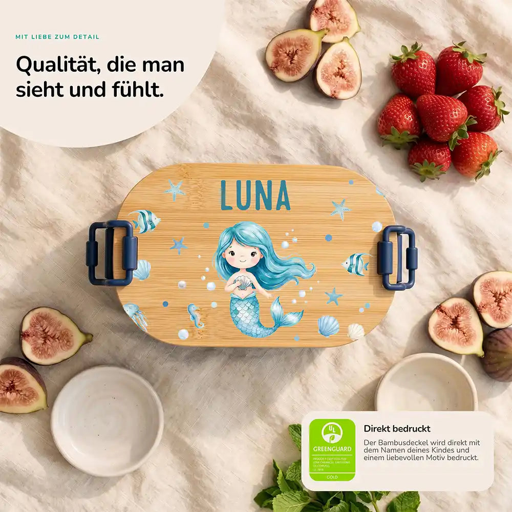 Brotdose Kinder personalisiert Meerjungfrau, Bambusdeckel direkt bedruckt mit Wunschname