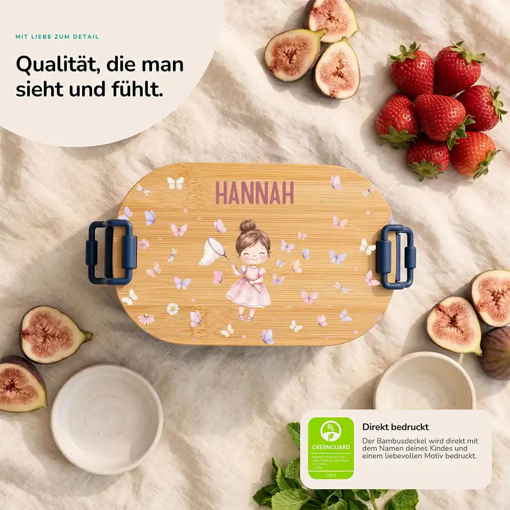 Brotdose Kinder personalisiert Mädchen Schmetterlinge, Bambusdeckel direkt bedruckt mit Wunschname
