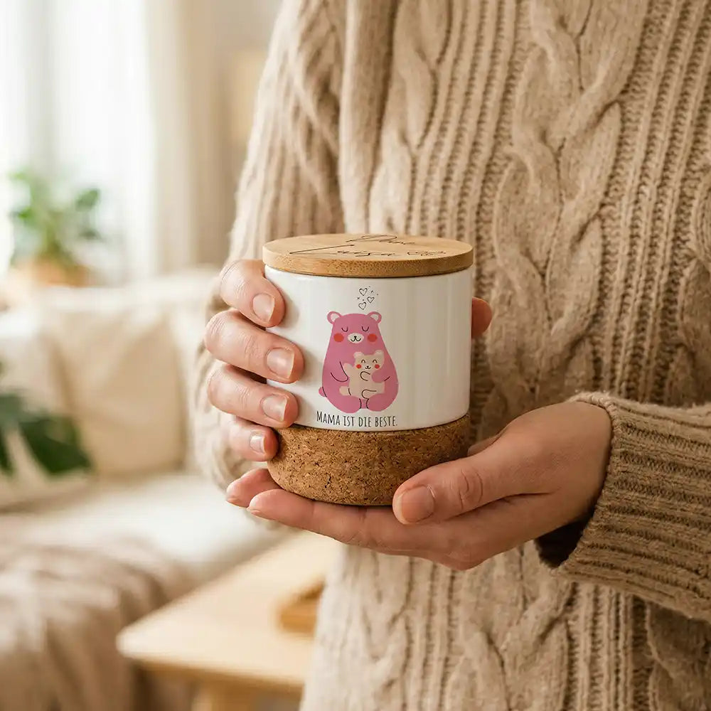Duftkerze Vanille Keramik BĂ€renmama Kind â Kork-Detail Naturmaterial