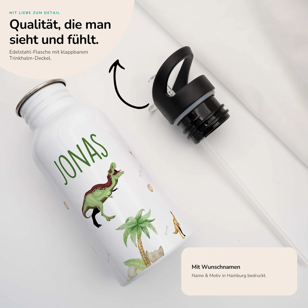 Trinkflasche Kinder Edelstahl - Dino Abenteuer - Personalisierbar mit Namen