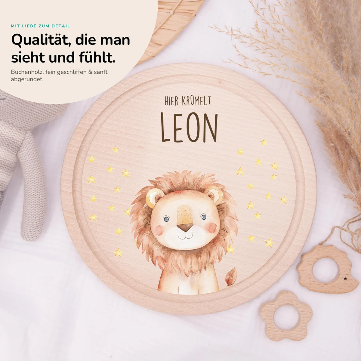 Rundes personalisiertes Frühstücksbrettchen Löwe mit Namen für Kinder