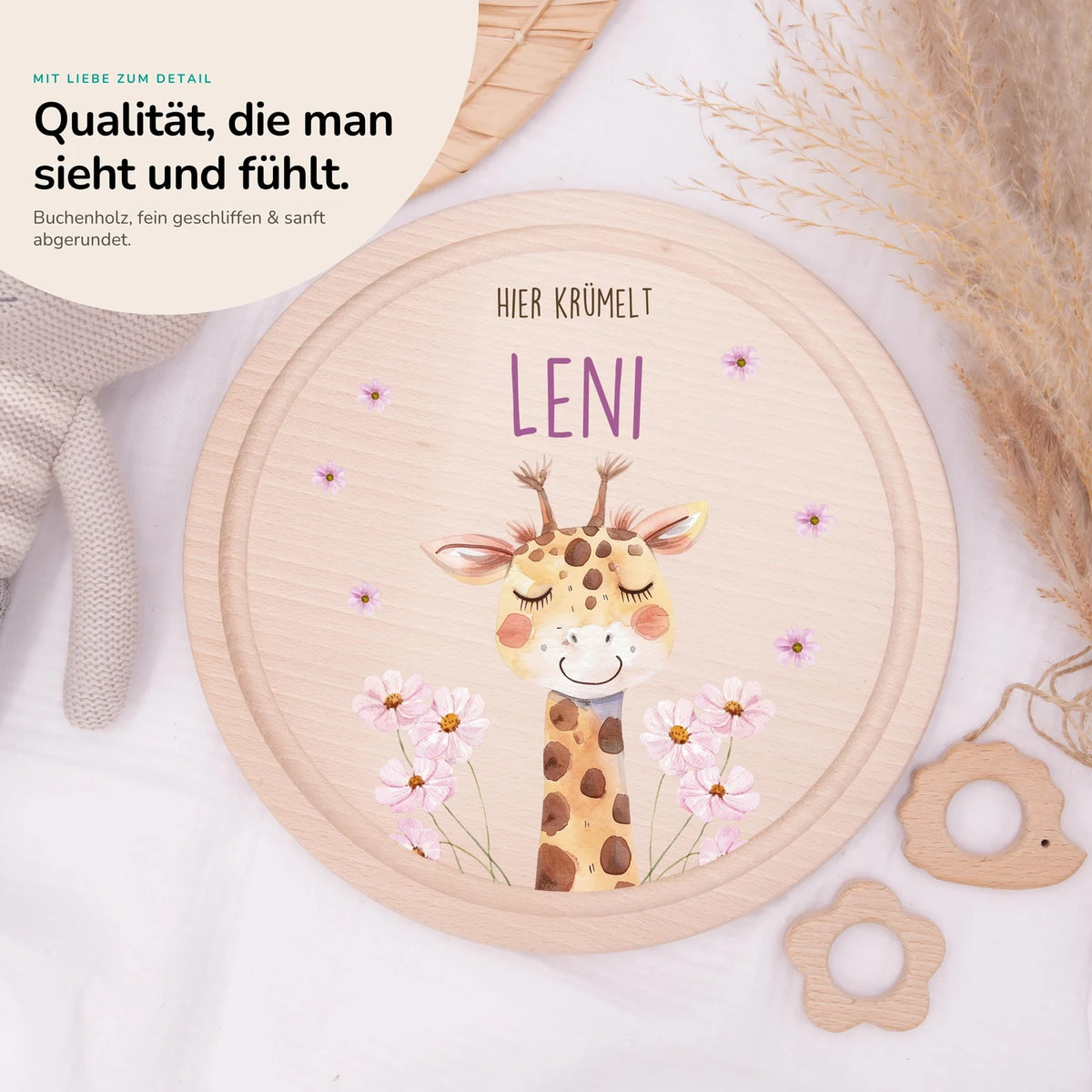 Rundes personalisiertes Frühstücksbrettchen Giraffe mit Namen für Kinder