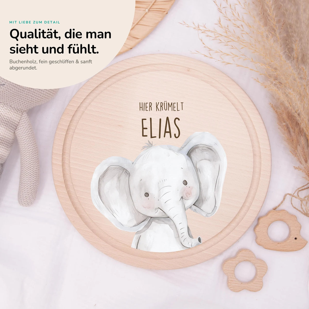 Rundes personalisiertes Frühstücksbrettchen Elefant mit Namen für Kinder