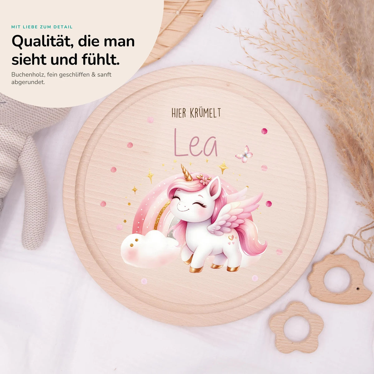 Rundes personalisiertes Frühstücksbrettchen Einhorn mit Namen für Kinder