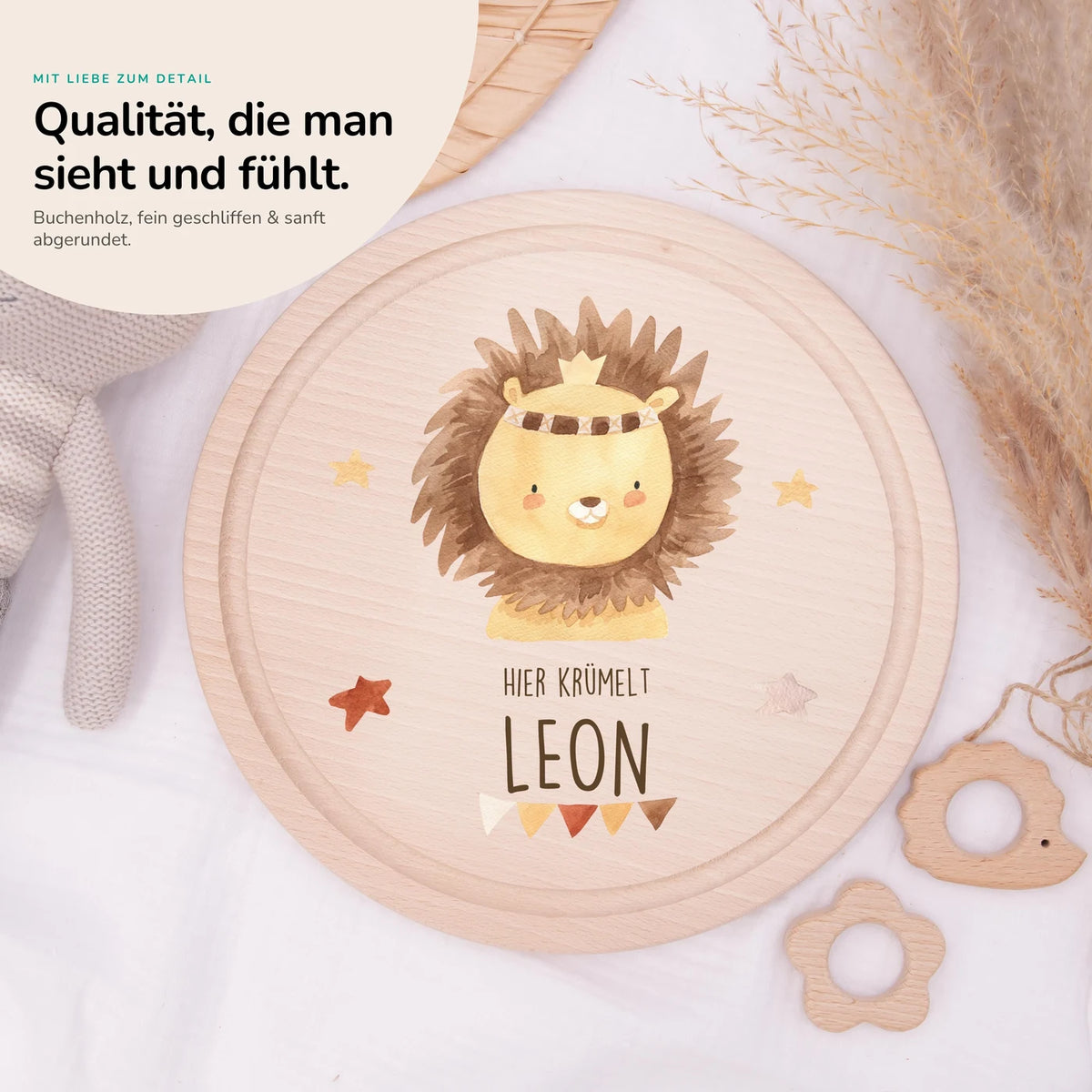 Rundes personalisiertes Frühstücksbrettchen Boho Löwe mit Namen für Kinder