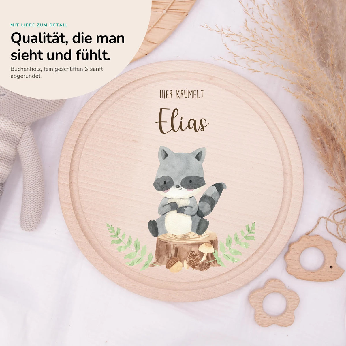 Rundes personalisiertes Frühstücksbrettchen Waschbär mit Namen für Kinder