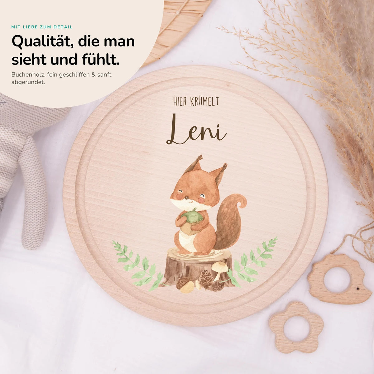 Rundes personalisiertes Frühstücksbrettchen Eichhörnchen mit Namen für Kinder