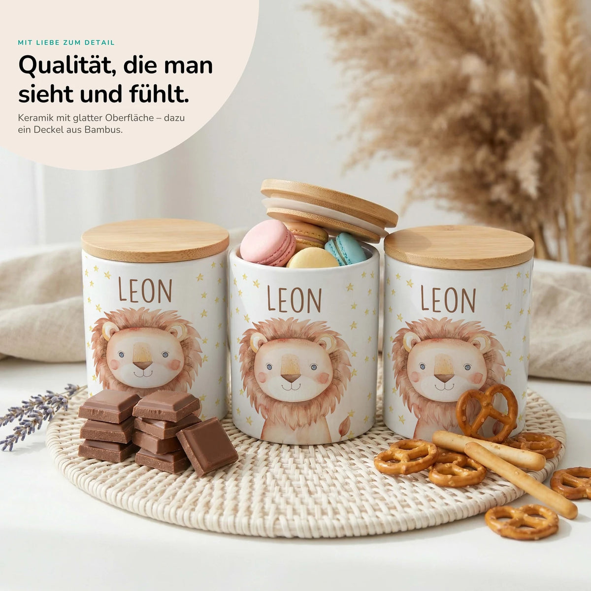 Personalisierte Keksdose Löwe Sterne â Keramik & Bambus mit Wunschname