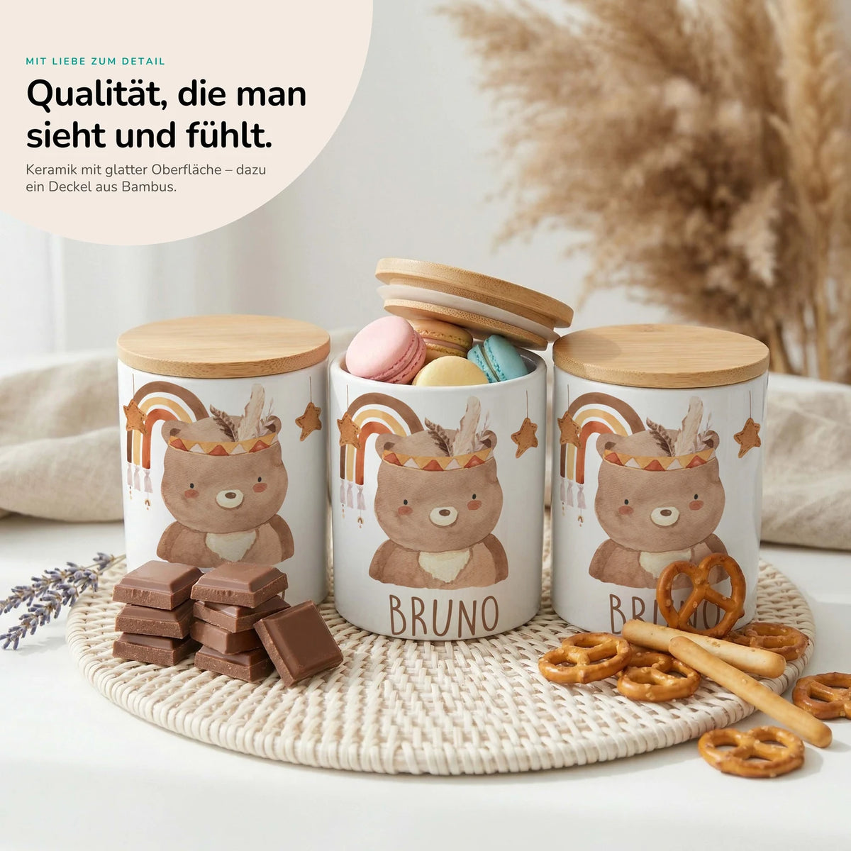 Personalisierte Keksdose Boho-BĂ€r â Keramik & Bambus mit Wunschname