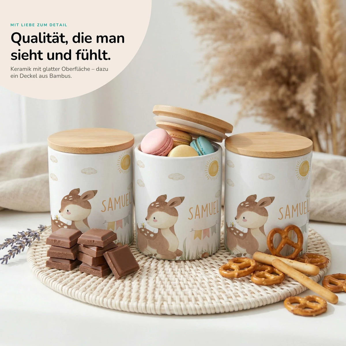 Personalisierte Keksdose Rehkitz Sonne – Keramik & Bambus mit Wunschname