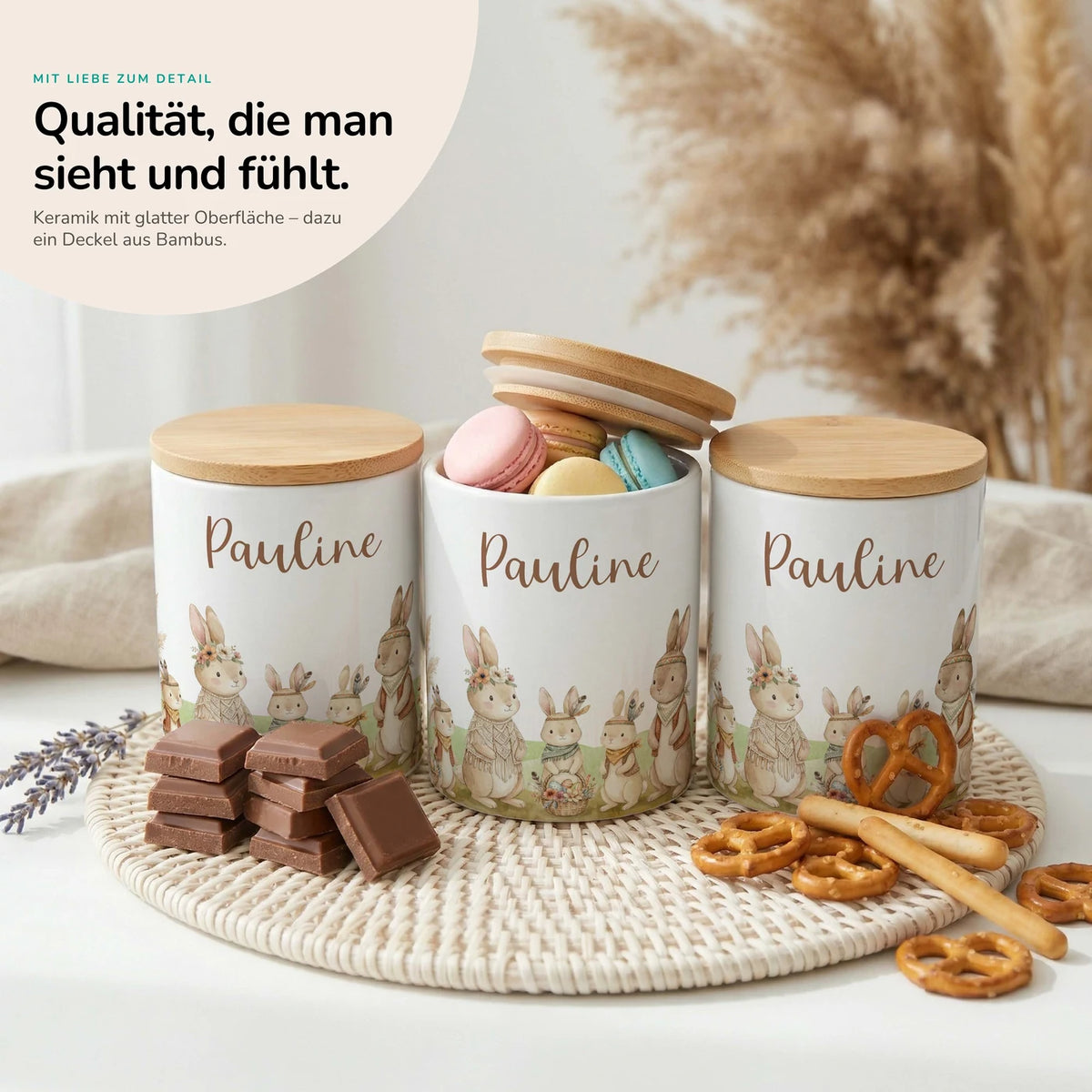 Personalisierte Keksdose Boho-Hasen – Keramik & Bambus mit Wunschname