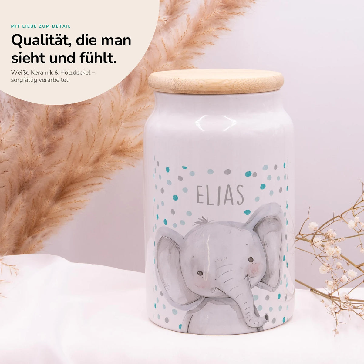 Personalisierbare Keksdose mit Name - Elefant mit Punkten