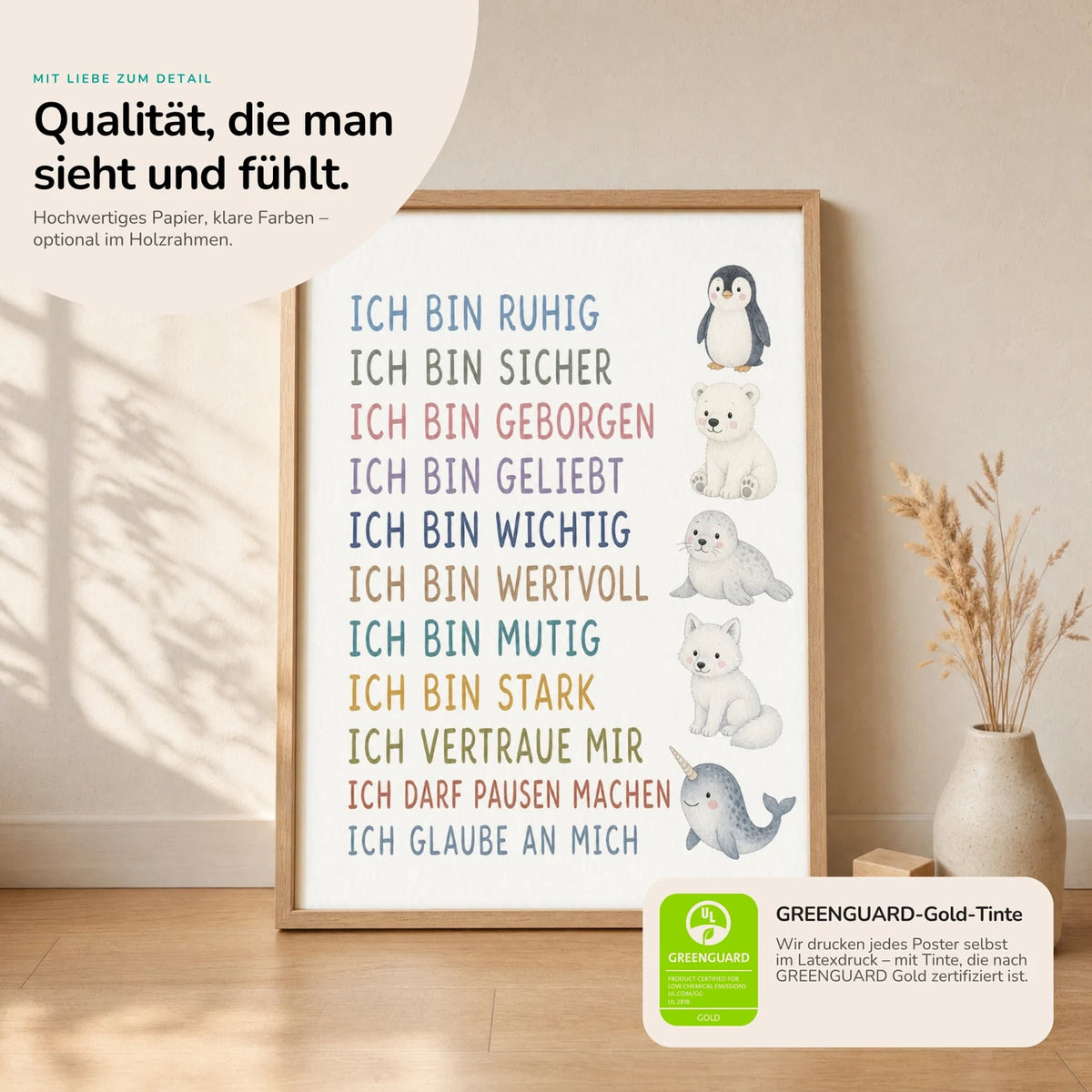 Kinderposter âArktistiereâ im Holzrahmen auf dem Regal â Poster mit SprĂŒchen fĂŒrs Kinderzimmer