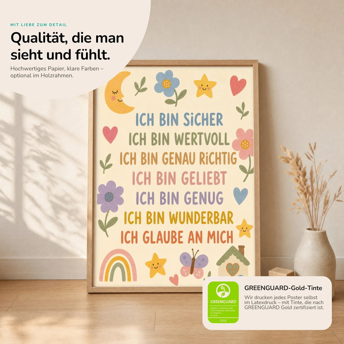 Kinderposter âBlumenwiese Ich bin sicherâ im Holzrahmen auf dem Regal â Poster mit SprĂŒchen fĂŒrs Kinderzimmer